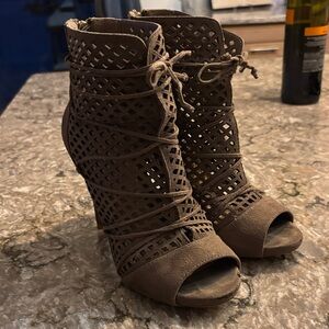 Brown Lace-Up Peep Toe Ankle Boots